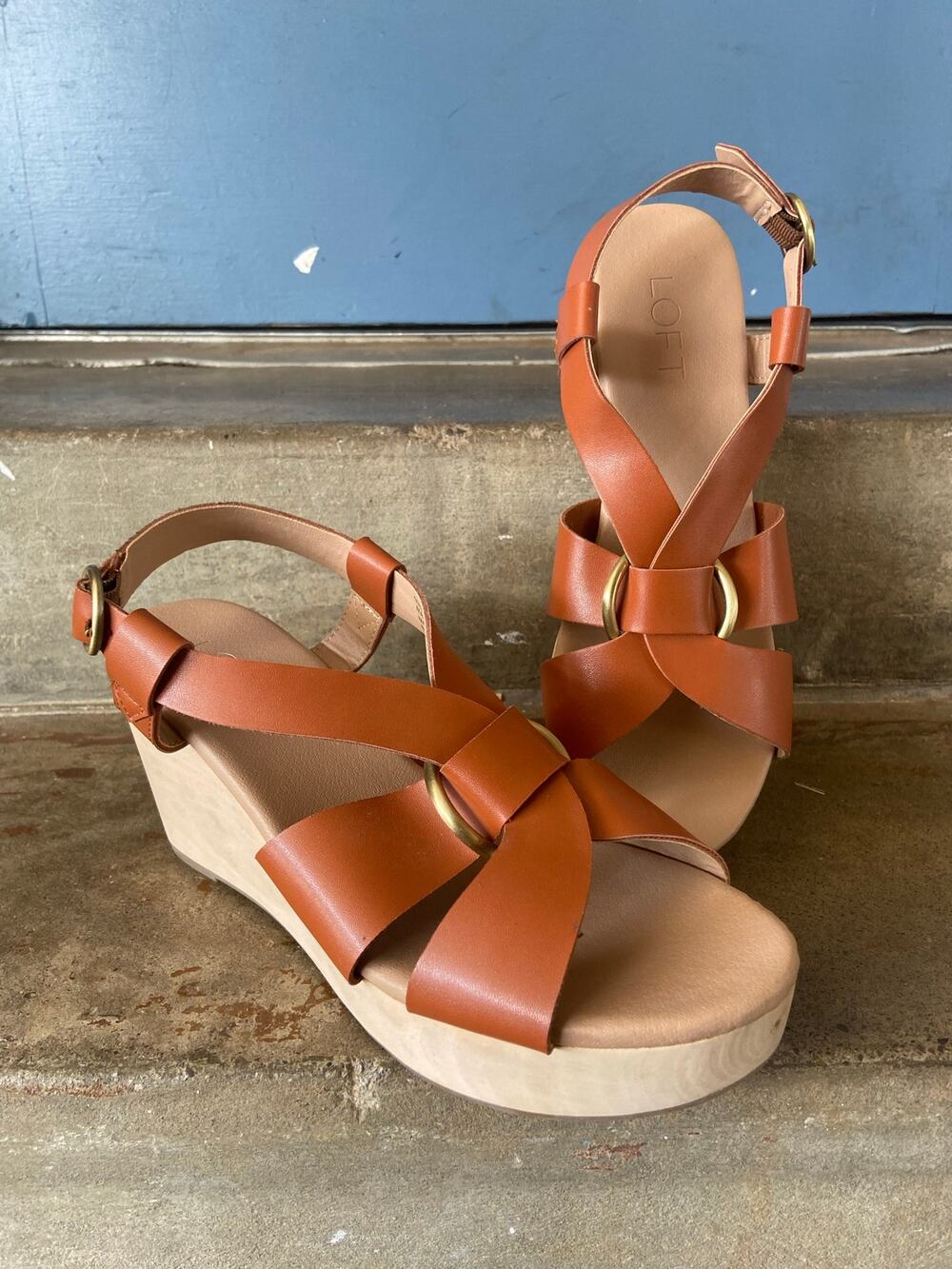 LOFT tan faux leather woven strap platform wedge sandal
